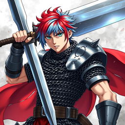 A powerful human fighter wielding an enormous oversized buster sword, sporting short hair that transitions from fire red on one side to ice blue on the other