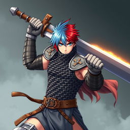 A formidable human fighter wielding an enormous buster sword, characterized by short hair that blends fire red on one side and ice blue on the other