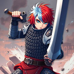 A formidable human fighter wielding an enormous buster sword, characterized by short hair that blends fire red on one side and ice blue on the other