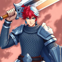 A formidable human fighter wielding an enormous buster sword, characterized by short hair that blends fire red on one side and ice blue on the other