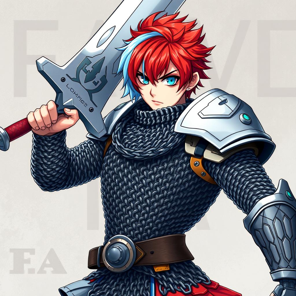 A formidable human fighter wielding an enormous buster sword, characterized by short hair that blends fire red on one side and ice blue on the other