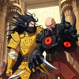 An epic anime scene featuring a bearded king with flowing black hair, adorned in intricate golden armor that showcases a majestic eagle design on the breastplate