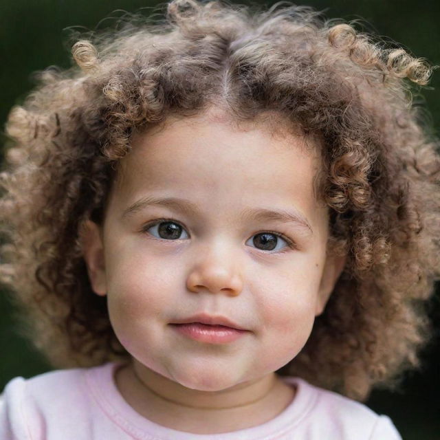 A beautiful baby girl with curly hair, brown eyes, and fair skin