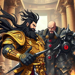 An epic anime scene featuring a bearded king with flowing black hair, adorned in intricate golden armor that showcases a majestic eagle design on the breastplate