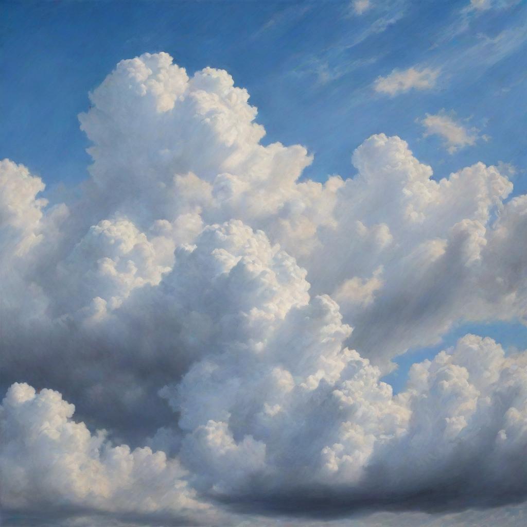 A photorealistic painting of a sky filled with fluffy clouds that's eerily similar to reality.