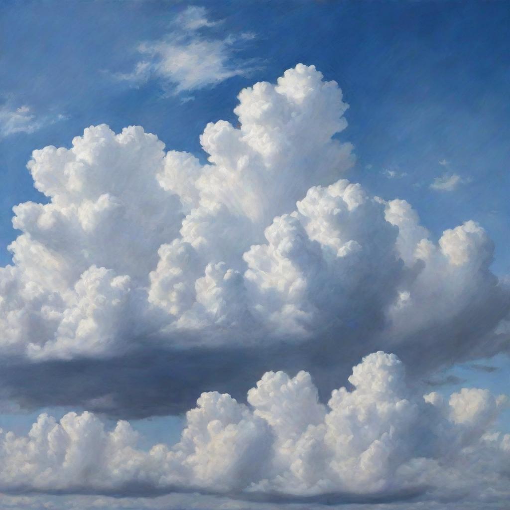 A photorealistic painting of a sky filled with fluffy clouds that's eerily similar to reality.