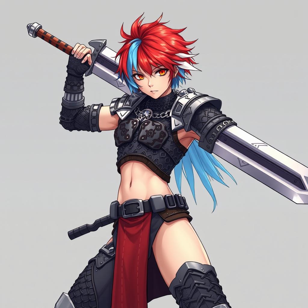 A striking human fighter wielding an enormous buster sword, showcasing short hair that transitions from fire red on one side to ice blue on the other