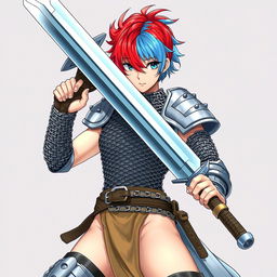 A striking human fighter wielding an enormous buster sword, showcasing short hair that transitions from fire red on one side to ice blue on the other