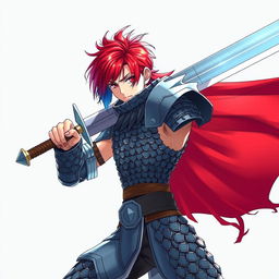 A striking human fighter wielding an enormous buster sword, showcasing short hair that transitions from fire red on one side to ice blue on the other