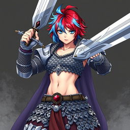 A powerful human fighter wielding a colossal buster sword, featuring short hair that is a vibrant mix of fire red and ice blue