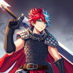 A powerful human fighter wielding a colossal buster sword, featuring short hair that is a vibrant mix of fire red and ice blue