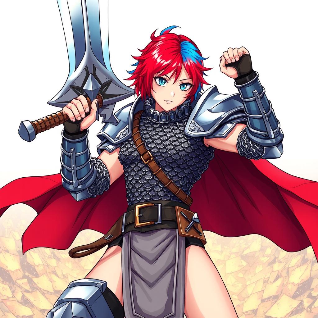 A powerful human fighter wielding a colossal buster sword, featuring short hair that is a vibrant mix of fire red and ice blue