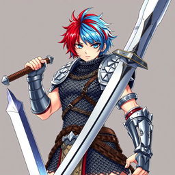 A powerful human fighter wielding a colossal buster sword, featuring short hair that is a vibrant mix of fire red and ice blue