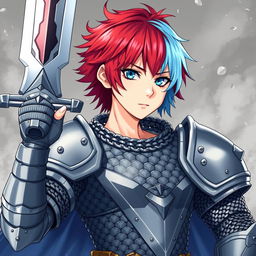 A powerful human fighter holding a massive buster sword, featuring short hair that is a striking blend of fire red and ice blue