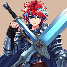 A powerful human fighter holding a massive buster sword, featuring short hair that is a striking blend of fire red and ice blue