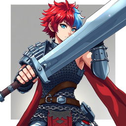 A powerful human fighter holding a massive buster sword, featuring short hair that is a striking blend of fire red and ice blue