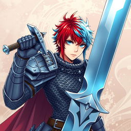 A powerful human fighter holding a massive buster sword, featuring short hair that is a striking blend of fire red and ice blue