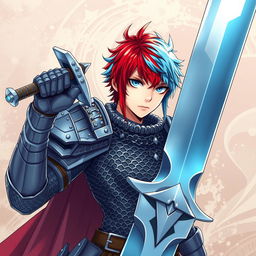 A powerful human fighter holding a massive buster sword, featuring short hair that is a striking blend of fire red and ice blue