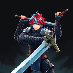 A dramatic portrayal of a human fighter wielding an enormous buster sword, featuring striking short hair that is a blend of fire red and ice blue