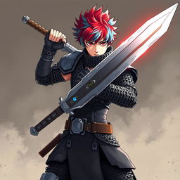 A dramatic portrayal of a human fighter wielding an enormous buster sword, featuring striking short hair that is a blend of fire red and ice blue