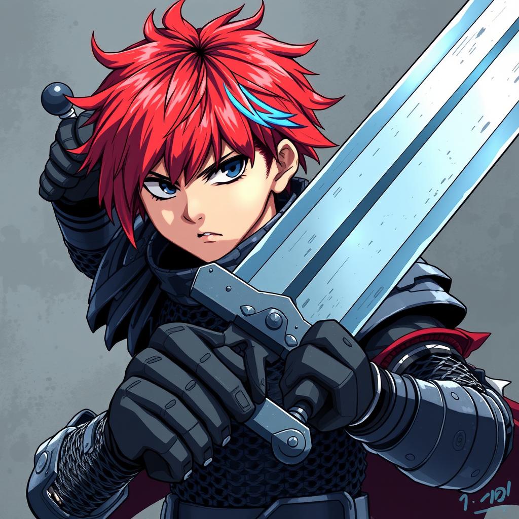 A dramatic portrayal of a human fighter wielding an enormous buster sword, featuring striking short hair that is a blend of fire red and ice blue