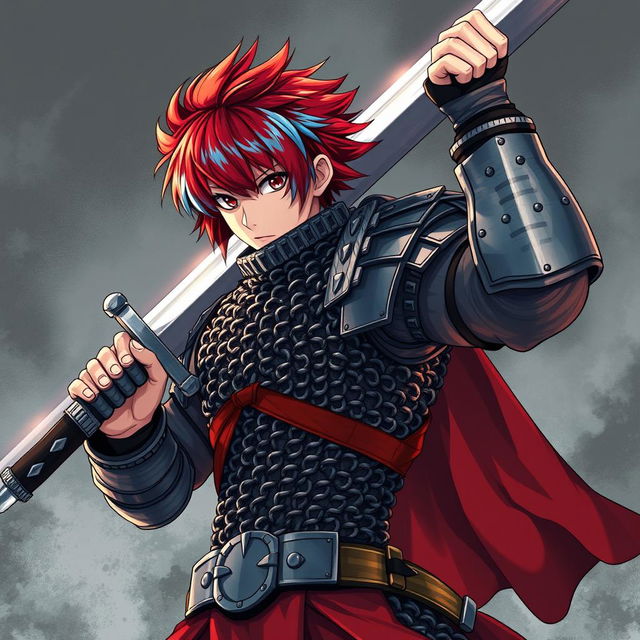 A dramatic portrayal of a human fighter wielding an enormous buster sword, featuring striking short hair that is a blend of fire red and ice blue