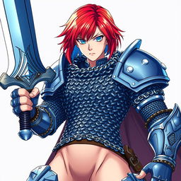 An imposing human fighter brandishing a gigantic buster sword, featuring short hair that elegantly transitions from fire red to ice blue