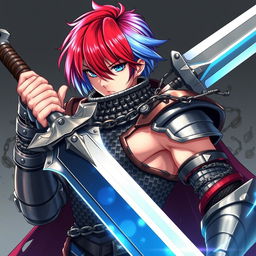 An imposing human fighter brandishing a gigantic buster sword, featuring short hair that elegantly transitions from fire red to ice blue