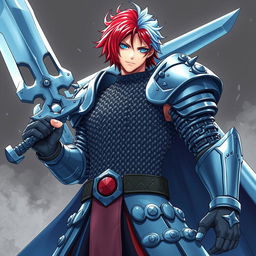 An imposing human fighter brandishing a gigantic buster sword, featuring short hair that elegantly transitions from fire red to ice blue