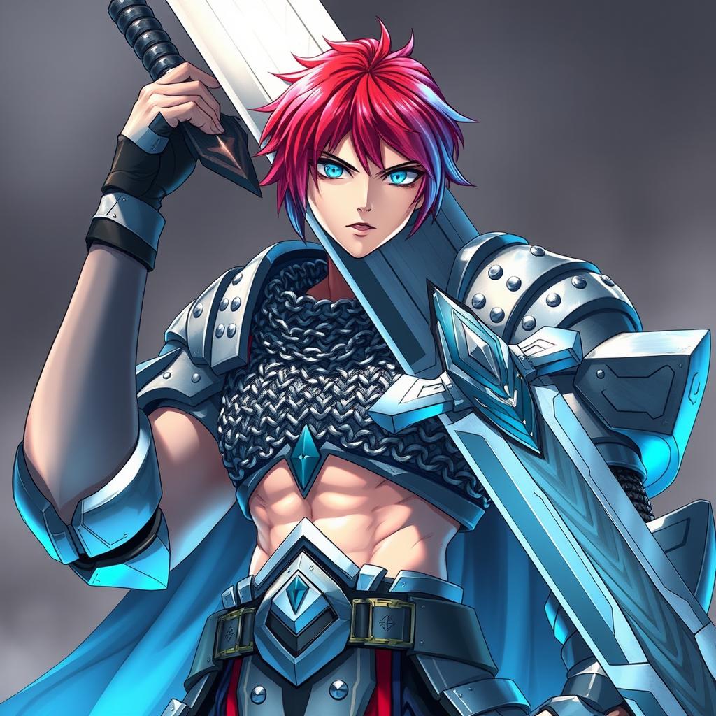 An imposing human fighter brandishing a gigantic buster sword, featuring short hair that elegantly transitions from fire red to ice blue