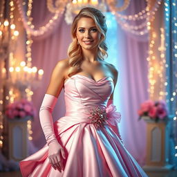 A stunning blonde prom queen wearing elegant pink elbow-length gloves and a beautiful pink strapless prom gown with a decorative pink bustle