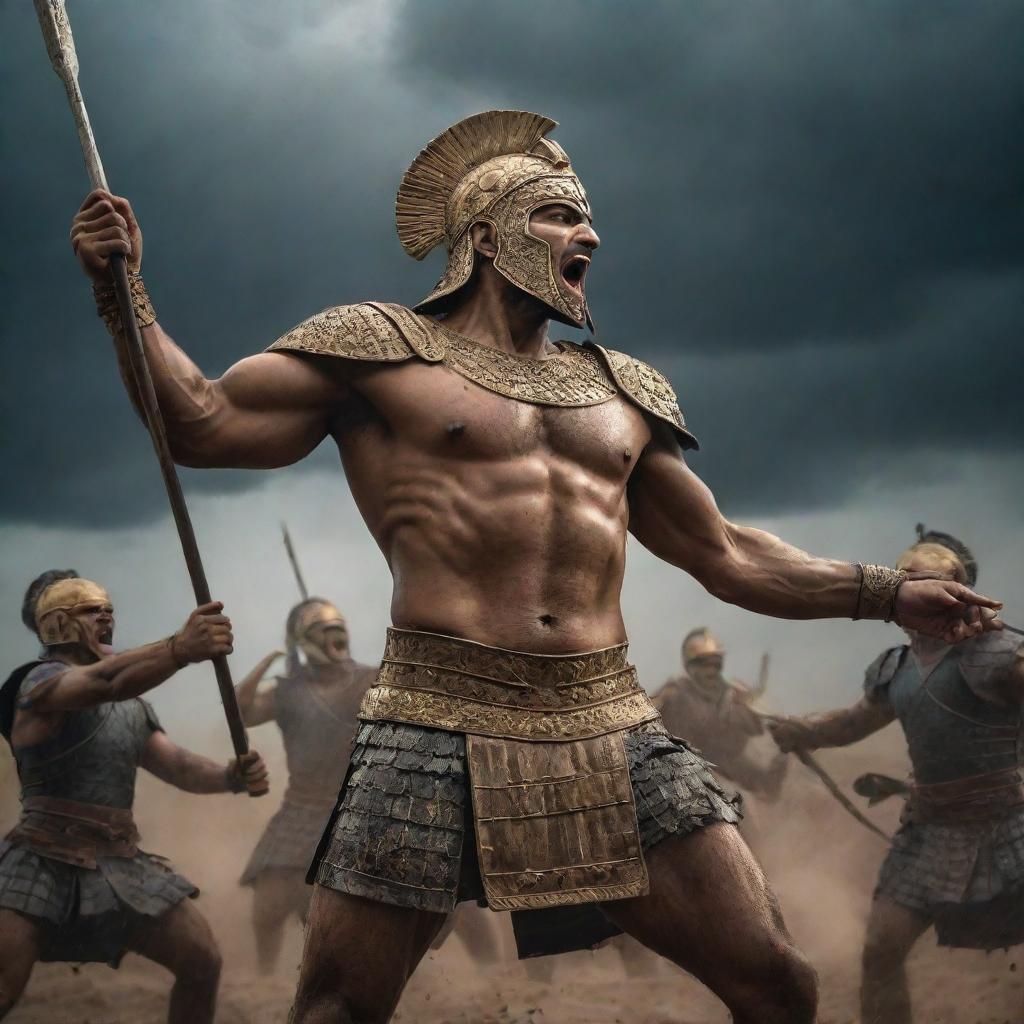 A dramatic scene from the Epic of Gilgamesh, depicting a fierce battle. Warriors clad in ancient armour, wielding weapons clash under a stormy sky. Gilgamesh, the heroic figure, stands in the battlefield, displaying his formidable strength.