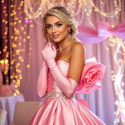 A stunning blonde prom queen wearing elegant pink elbow-length gloves and a beautiful pink strapless prom gown with a decorative pink bustle