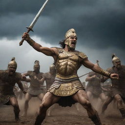 A dramatic scene from the Epic of Gilgamesh, depicting a fierce battle. Warriors clad in ancient armour, wielding weapons clash under a stormy sky. Gilgamesh, the heroic figure, stands in the battlefield, displaying his formidable strength.