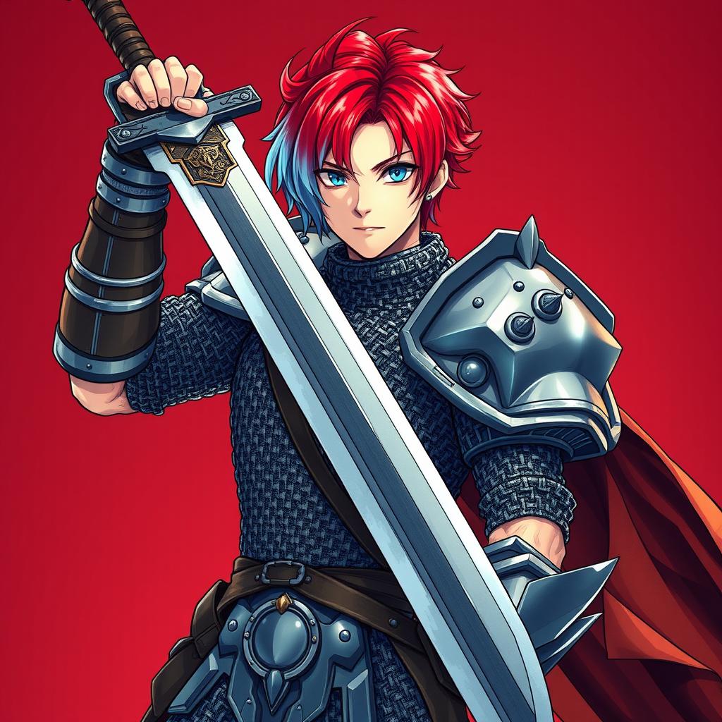 An impressive human fighter hoisting an enormous buster sword, characterized by short hair that transitions vibrantly from fire red to ice blue