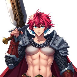 An impressive human fighter hoisting an enormous buster sword, characterized by short hair that transitions vibrantly from fire red to ice blue