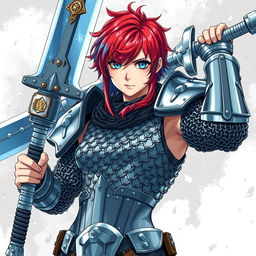 An impressive human fighter hoisting an enormous buster sword, characterized by short hair that transitions vibrantly from fire red to ice blue