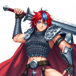 An impressive human fighter hoisting an enormous buster sword, characterized by short hair that transitions vibrantly from fire red to ice blue