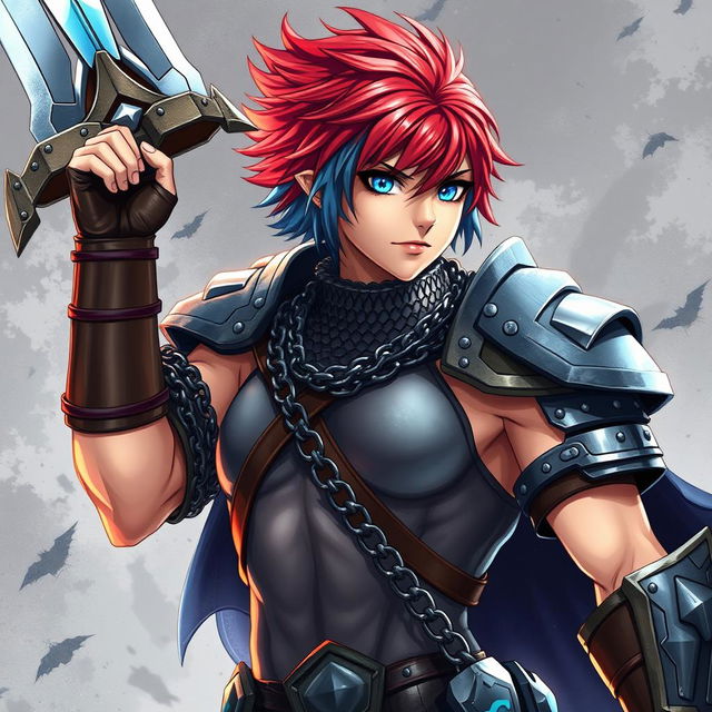 An epic depiction of a human fighter brandishing an enormous buster sword, with short hair that features a striking gradient from fire red to ice blue