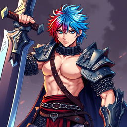 An epic depiction of a human fighter brandishing an enormous buster sword, with short hair that features a striking gradient from fire red to ice blue