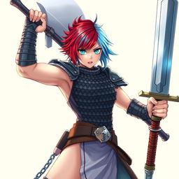 An epic depiction of a human fighter brandishing an enormous buster sword, with short hair that features a striking gradient from fire red to ice blue