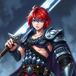 An epic depiction of a human fighter brandishing an enormous buster sword, with short hair that features a striking gradient from fire red to ice blue