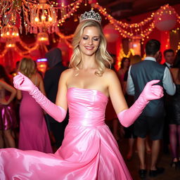 A beautiful blonde prom queen wearing elegant pink elbow-length gloves, a stunning pink strapless prom gown, and matching pink nylons