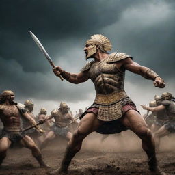 A dramatic scene from the Epic of Gilgamesh, depicting a fierce battle. Warriors clad in ancient armour, wielding weapons clash under a stormy sky. Gilgamesh, the heroic figure, stands in the battlefield, displaying his formidable strength.