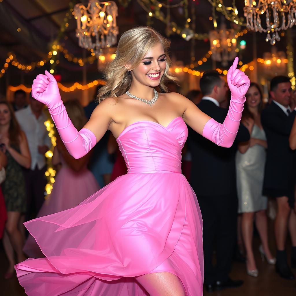 A beautiful blonde prom queen wearing elegant pink elbow-length gloves, a stunning pink strapless prom gown, and matching pink nylons