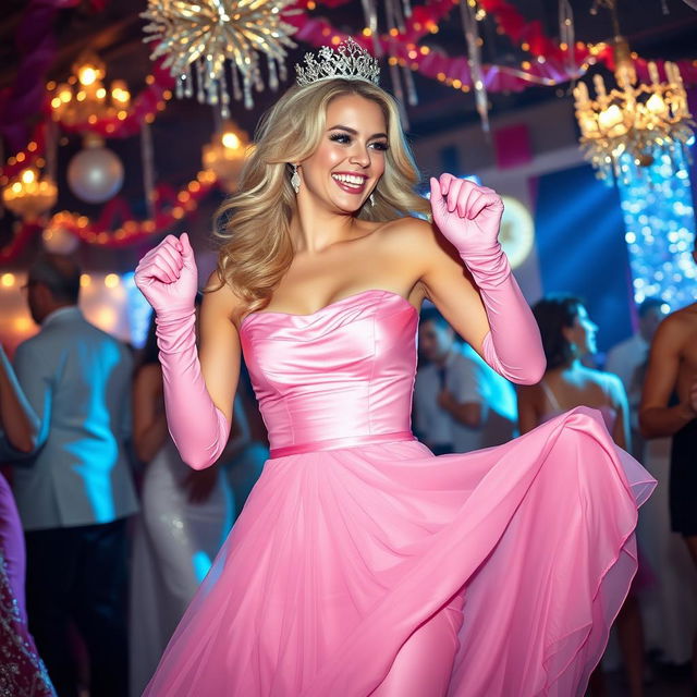 A beautiful blonde prom queen wearing elegant pink elbow-length gloves, a stunning pink strapless prom gown, and matching pink nylons