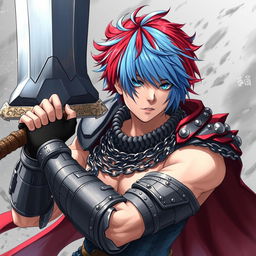 A powerful human fighter wielding a massive buster sword, showcasing short hair that is a dramatic blend of fire red and ice blue