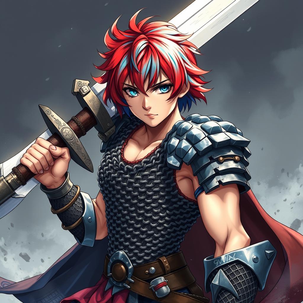 A powerful human fighter wielding a massive buster sword, showcasing short hair that is a dramatic blend of fire red and ice blue