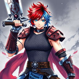 A powerful human fighter wielding a massive buster sword, showcasing short hair that is a dramatic blend of fire red and ice blue