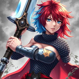 A powerful human fighter wielding a massive buster sword, showcasing short hair that is a dramatic blend of fire red and ice blue